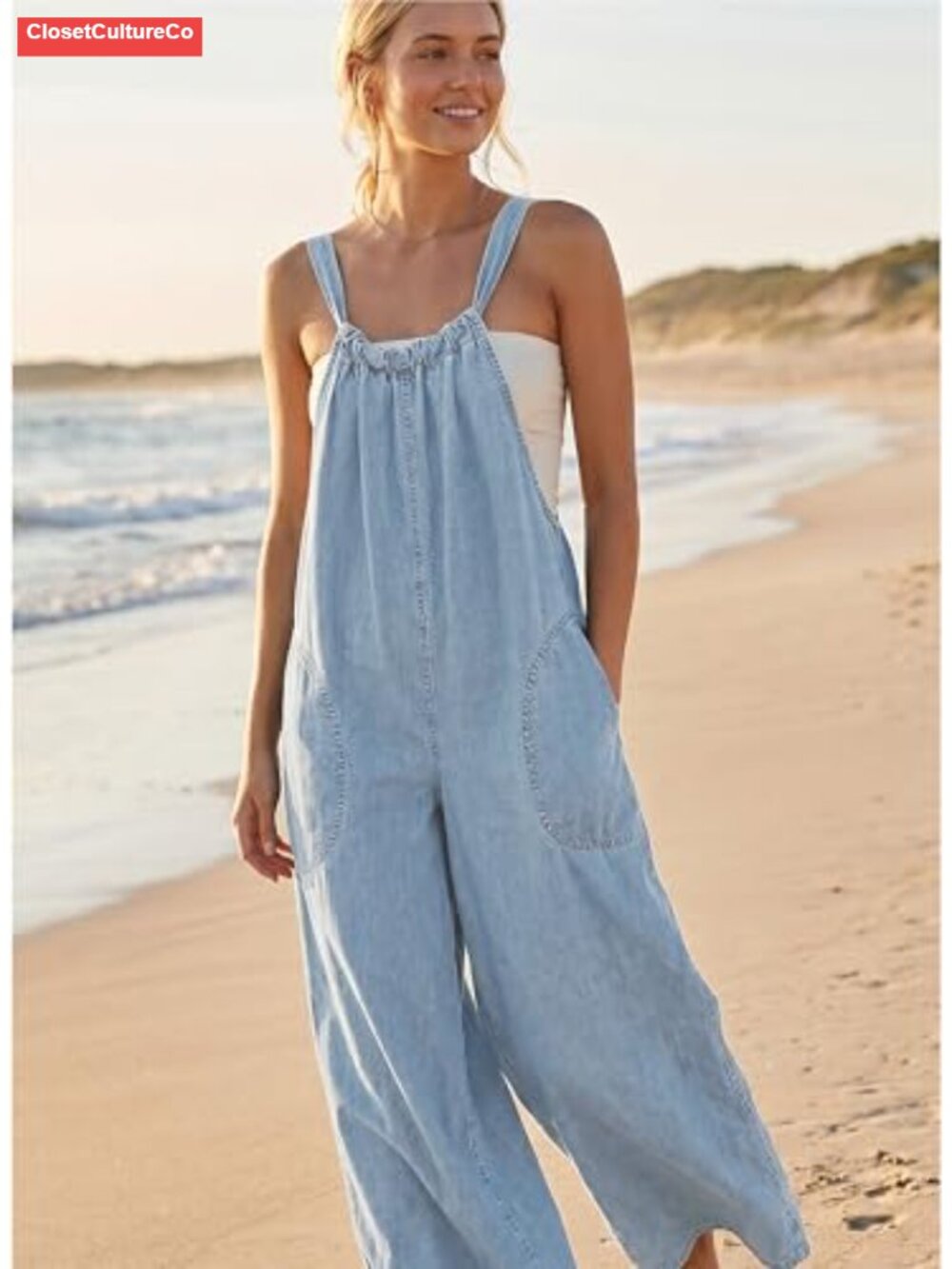 100% Cotton Wide Leg Denim Overalls Tie Back Baggy Jean Jumpsuit - Picture 4 of 6